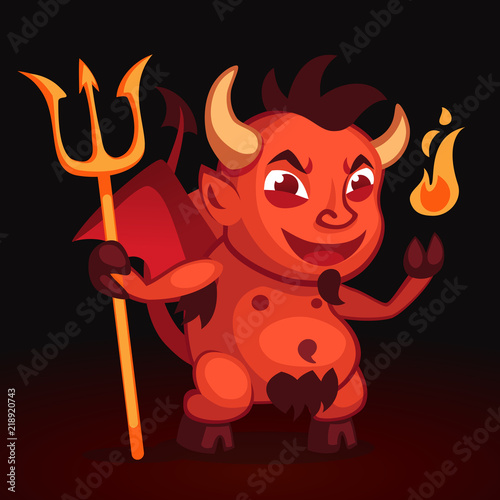 Illustration of a red devil with the pitchfork in one hand and fire in the other
