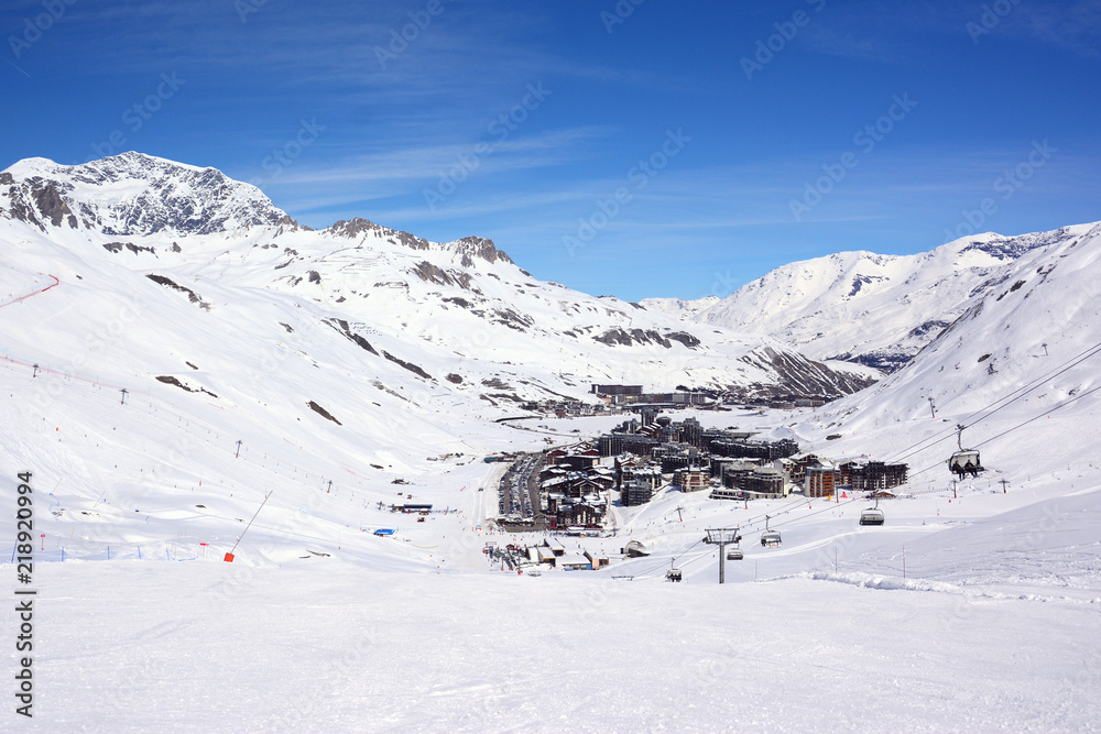 Mountain view of Tignes ski resort in winter