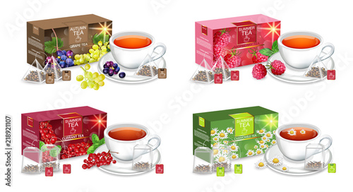Tea packaging Vector realistic set. Grapes, chamomile red currant and raspberry collection. Label design mock up detailed illustrations