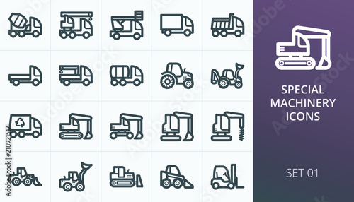 Heavy construction equipment and special machinery icon set. Set of truck, tractor, backhoe, excavator, crawler and wheel loaders, crane, dumper, bulldozer, forklift, van isolated vector icons