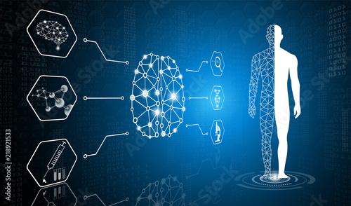abstract background technology concept in blue light,brain and human body heal ,technology modern medical science in future and global international medical with tests analysis clone DNA human