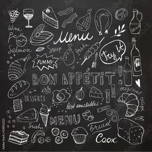 Restaurant Doodle Set. Hand Drawn Vector Illustration. Chalk Drawing. Bon Appetit Food Collection 