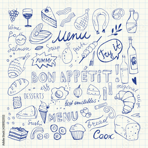 Restaurant Doodle Set. Hand Drawn Vector Illustration. Pen Drawing. Bon Appetit Food Collection 