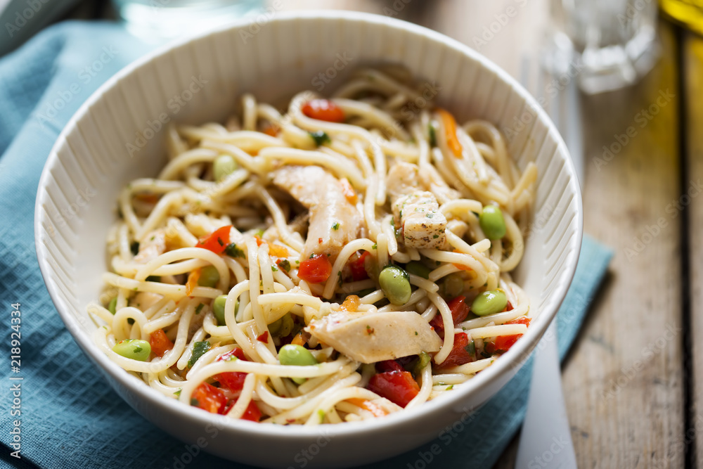 Sweet chilli chicken pasta salad with edamame and red peppers Sweet chilli chicken pasta salad with edamame and red peppers