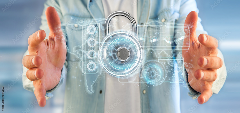 Man holding a padlock security technology interface 3d rendering Man holding a padlock security technology interface 3d rendering