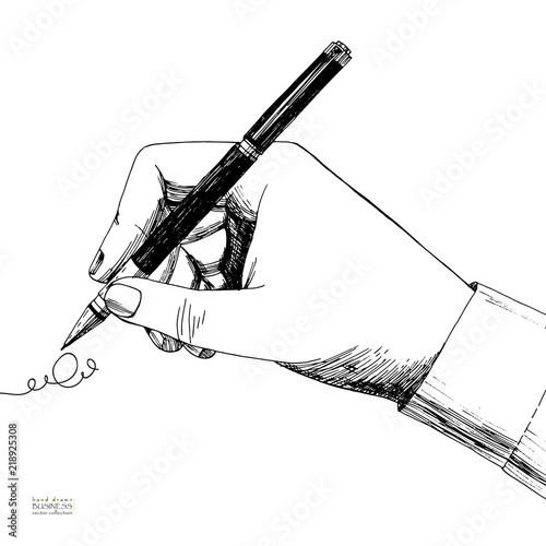Hand drawn illustration of hand holding pen and writing. Vector sketch isolated on white background