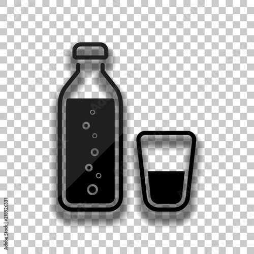 bottle of water with bubbles and glass cup. simple icon. Black g