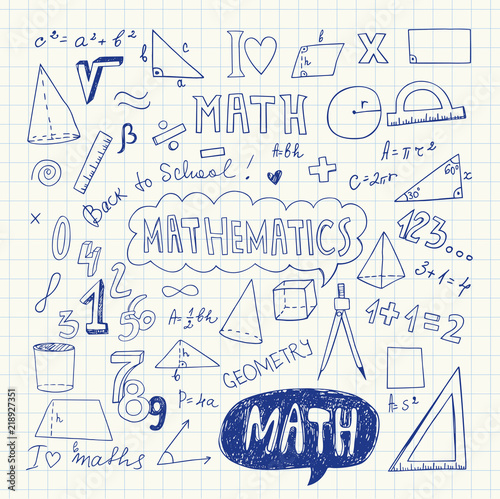 Hand Drawn Mathematical Doodle Handwriting Elements. School Education Background. Vector Illustration. Pen Drawing.