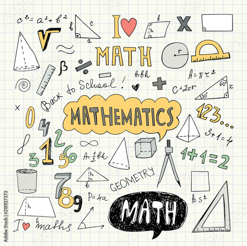 Hand Drawn Mathematical Doodle Handwriting Elements. School Education Background. Vector Illustration. Pencil Drawing.