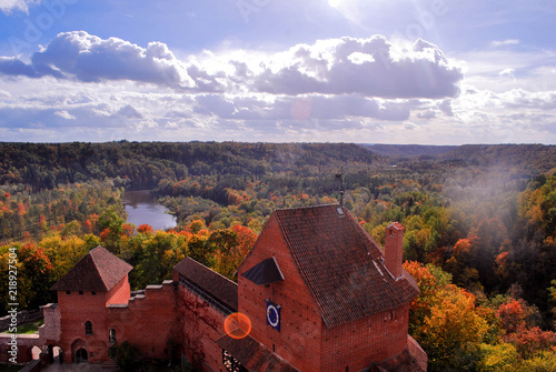 Aerial View of  Forest and River Gauja in Autumn in Sigulda, Latvia photo