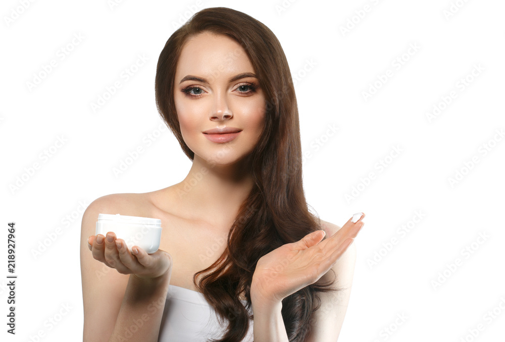 Woman with cream face skin care concept, healthy clean fresh face skin close up, female model with creanm in hand Woman with cream face skin care concept, healthy clean fresh face skin close up, female model with creanm in hand