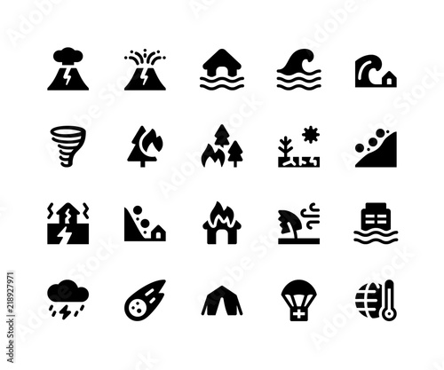 Simple Set of Disaster Related Vector Glyph Icons. Contains such Icons as volcano, eruption, flood, wave, tsunami and More. pixel perfect vector icons based on 32px grid.