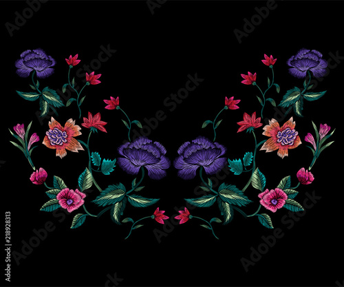 Embroidery neckline floral pattern with roses and peonies. Vector embroidered ethnic patch with flowers for print and fabric design.