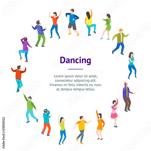 Isometric Dancing People Characters Banner Card Circle . Vector