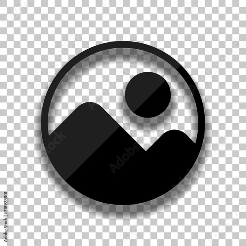 Simple picture icon. Black glass icon with soft shadow on transp
