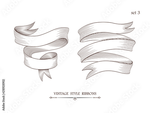Set of vintage two-stripe and three-stripe ribbons. Engraving style vector illustration. Retro hand drawn labels, banners and logo elements.