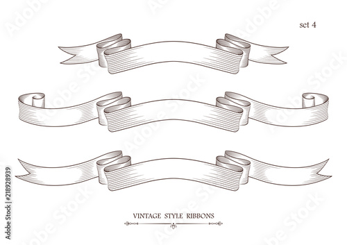Set of vintage ribbons. Engraving style vector illustration. Retro hand drawn labels, banners and logo elements.