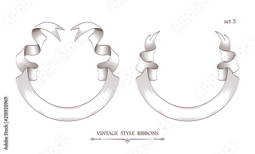 Set of vintage semicircle ribbons. Engraving style vector illustration. Retro hand drawn labels, banners and logo elements.