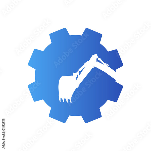 Icono plano excavadora en espacio negativo en engranaje en color azul