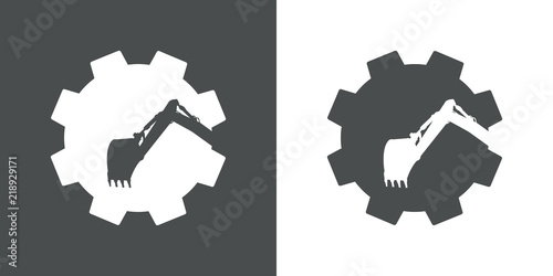 Icono plano excavadora en espacio negativo en engranaje en gris y blanco