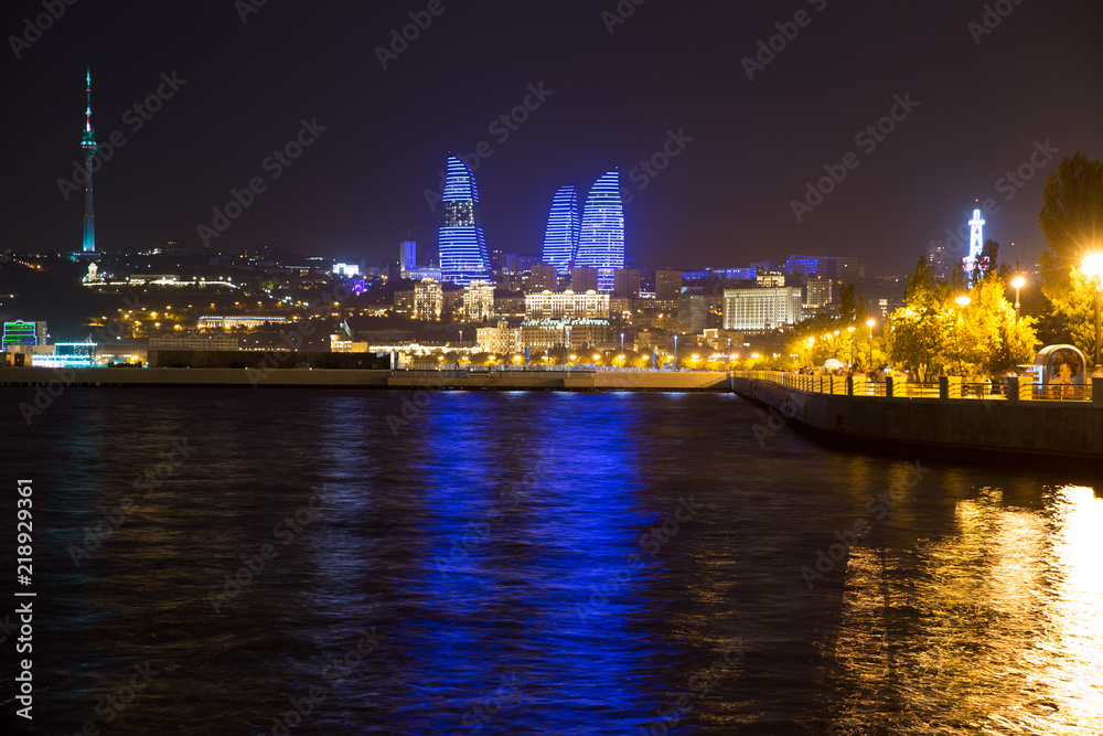 Night view of the Baku and the television tower. The Republic of Azerbaijan