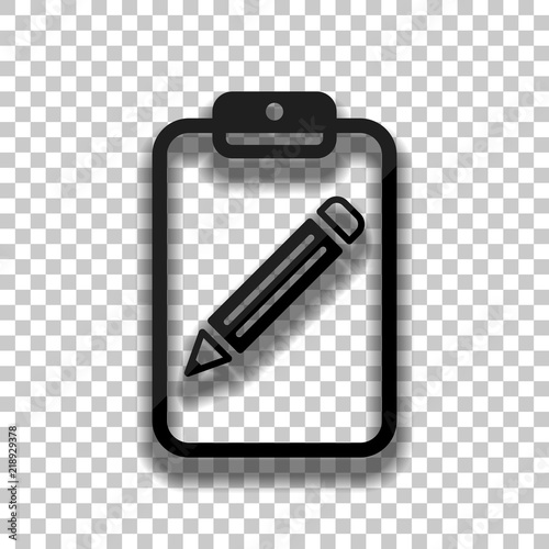 tablet  paper and pencil. Black glass icon with soft shadow on t