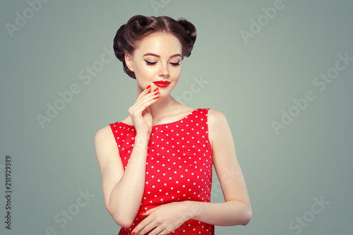 Konstfotografi Pinup woman beauty portrait vintage retro girl model in polka dot dress