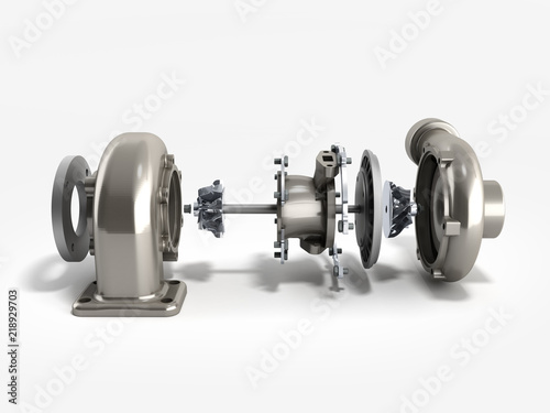 Automotive turbocharger turbine 3d render on white photo