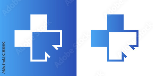 Icono plano cruz sanidad con flecha en azul y blanco