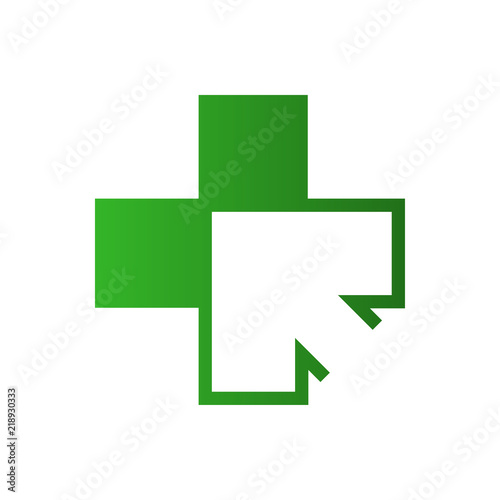 Icono plano cruz sanidad con flecha en color verde