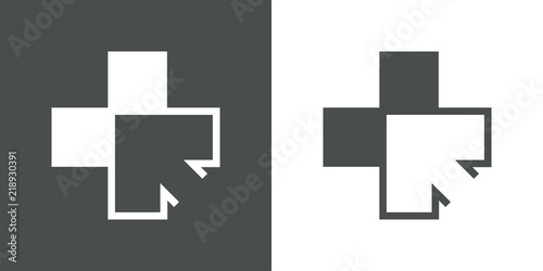 Icono plano cruz sanidad con flecha en gris y blanco