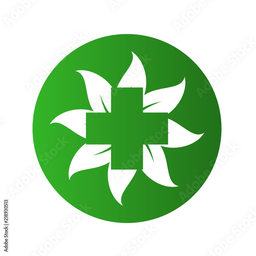 Icono plano cruz espacio negativo en hojas en circulo verde