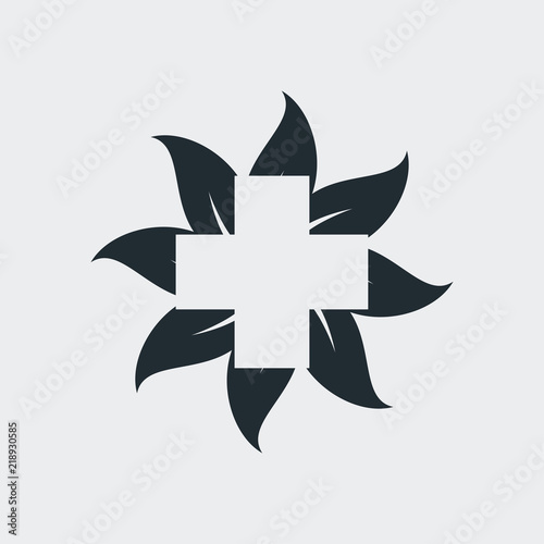 Icono plano cruz espacio negativo en hojas en fondo gris