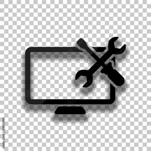 Computer repair service. Black glass icon with soft shadow on tr