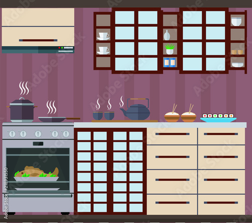 Kitchen in the Japanese style with cupboards, shelves and cooking utensils. Vector illustration.