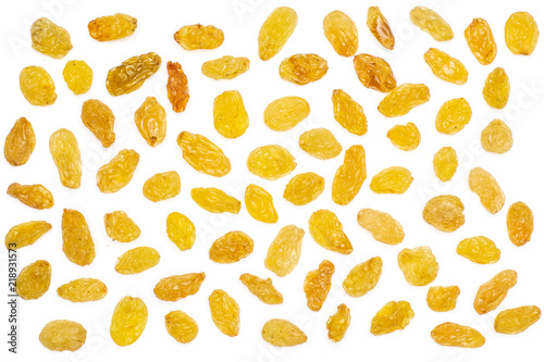 Lot of whole dry golden raisins sultana variety split flatlay isolated on white background