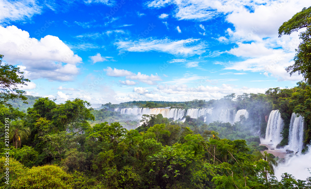 View of the waterfall on the Iguazu river, located on the border of Brazil and Argentina.