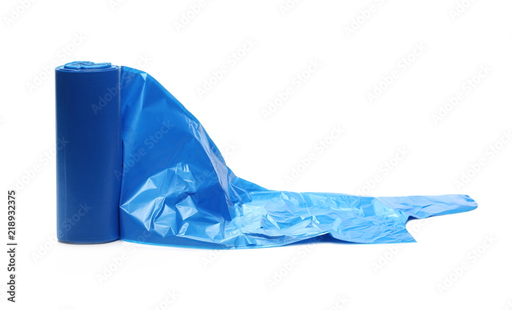 Blue plastic garbage bag roll isolated on white background
