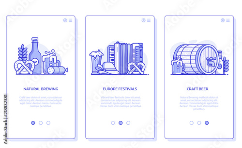 Beer festival, natural brewing and craft beer user interfaces for mobile applications. Brewery UI concept illustrations with popular oktoberfest symbols in line art.