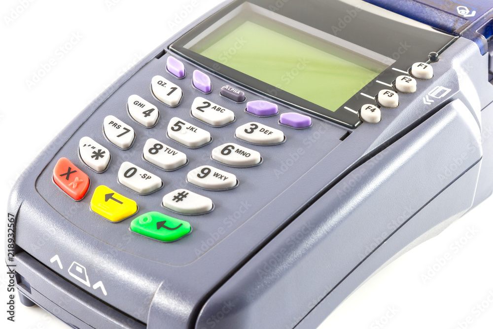 Close-up of payment machine , credit card machine isolated on white Close-up of payment machine , credit card machine isolated on white