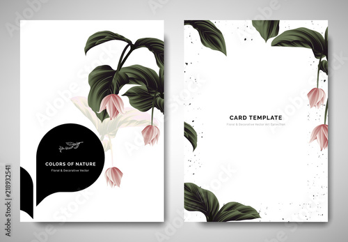 Greenery greeting/invitation card template design, pink Medinilla magnifica flowers with white black bubble frame on white background