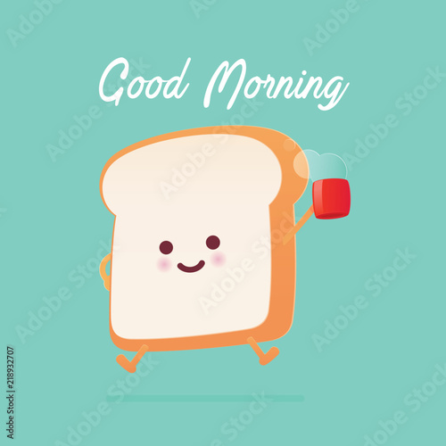 Good morning greeting on toasted bread cartoon against green background. Vector flat cartoon illustration