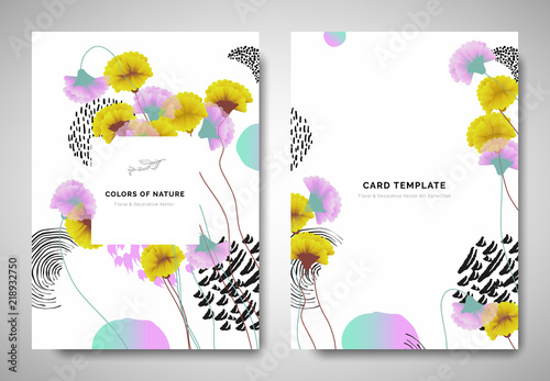 Greenery greeting/invitation card template design, yellow and pink carnation flowers with hand drawn doodle graphics on white background