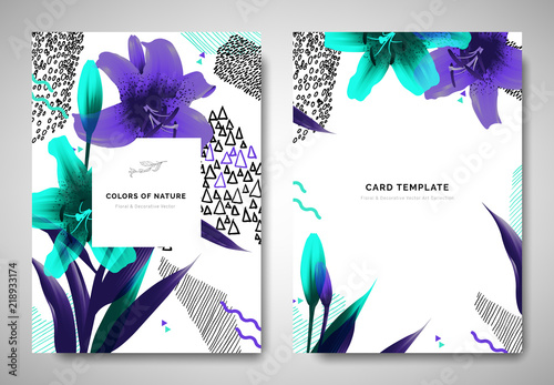 Fototapeta Naklejka Na Ścianę i Meble -  Greenery greeting/invitation card template design, lily flowers and leaves with hand drawn doodle graphics on white background, purple and green tones