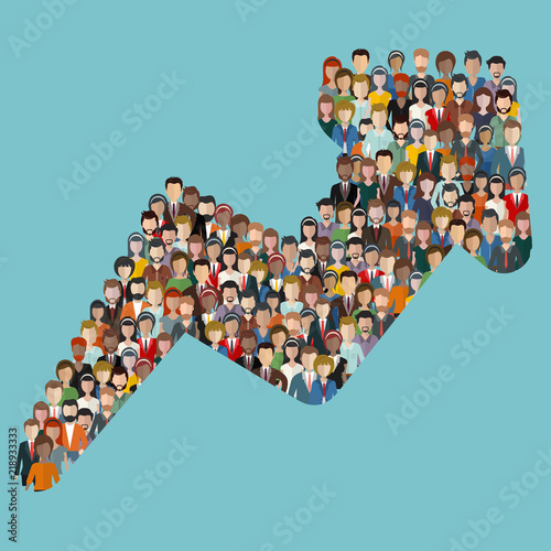 Concept of attracting customers and clients to business. Large group of people in the shape of an arrow direction. Flat Vector illustration.