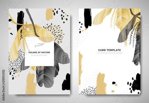 Greenery greeting/invitation card template design, leaves with flowers with hand drawn doodle graphics on grey background, black and golden tones