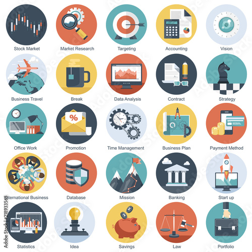 Colorful icon set for business, management, technology and finances. Flat objects for websites and mobile applications