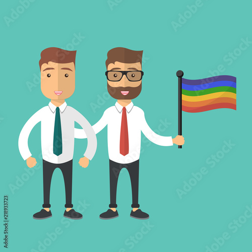 Vector illustration for pride month event celebration. Two gay man standing together with rainbow flag.
