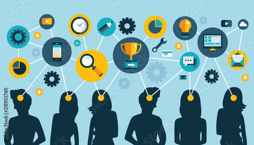 Mind map team. Teamwork concept design and network of communication. Flat vector illustration
