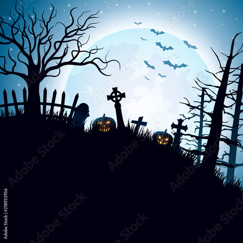 Halloween night background with pumpkin in hill 